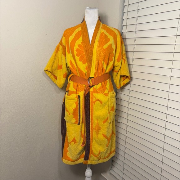 Vintage Other - Vintage 70s Terry Cloth Robe Yellow Orange Psychedelic Belted Kimono Towel